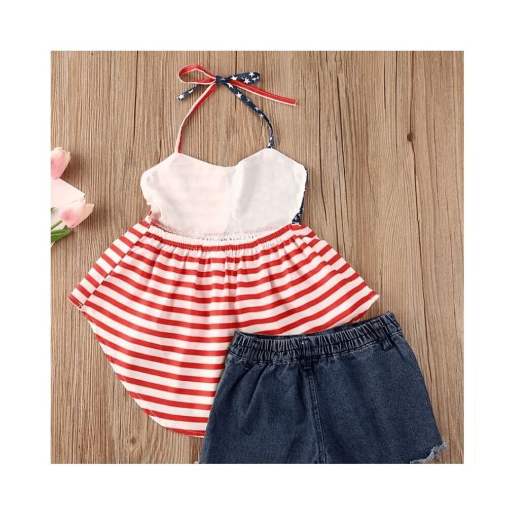 2pc Patriotic Girls Asymmetrical Halter Dress with Blue Jean Shorts Size 1-2Y-6Y - Picture 2 of 5